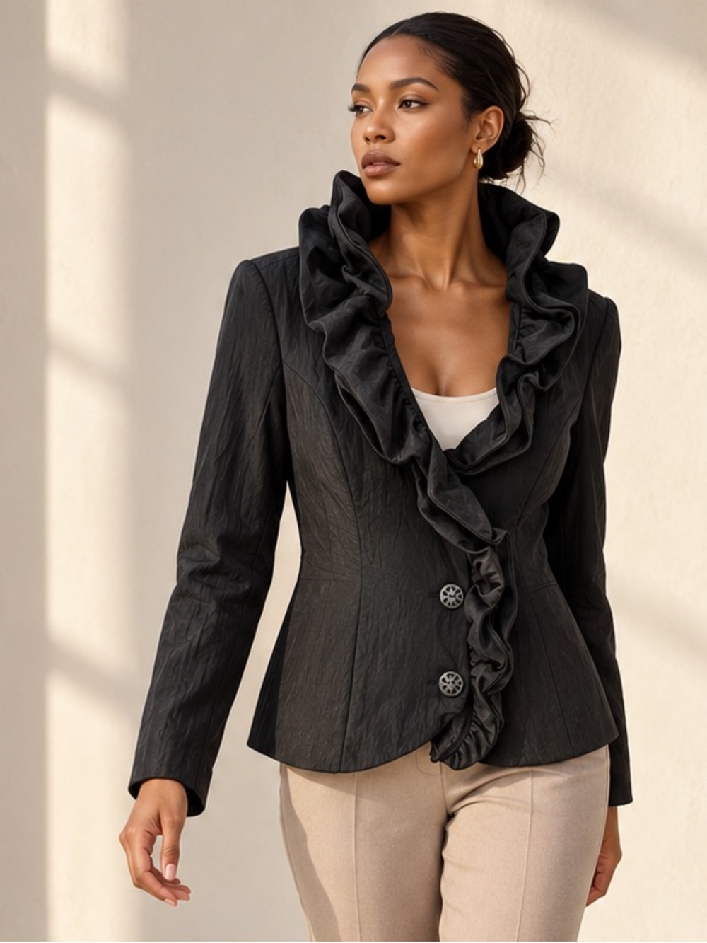 Samuel Dong Black Sculptural Ruffle Collar Blazer Jacket M